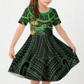 New Zealand Parakeet Bird Kid Short Sleeve Dress Maori Kakariki Kowhai Maori Pattern