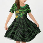 New Zealand Parakeet Bird Kid Short Sleeve Dress Maori Kakariki Kowhai Maori Pattern
