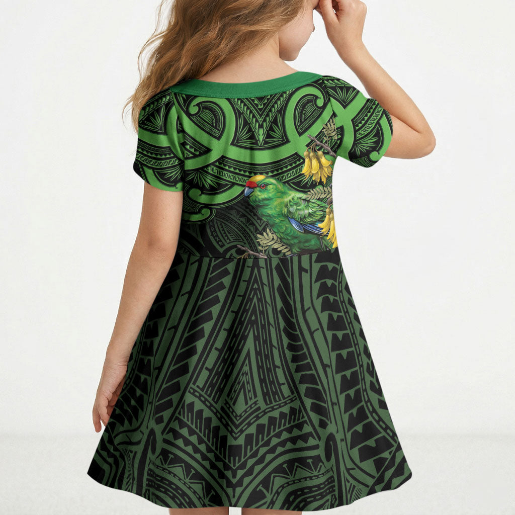 New Zealand Parakeet Bird Kid Short Sleeve Dress Maori Kakariki Kowhai Maori Pattern
