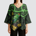 New Zealand Parakeet Bird Kimono Sleeve Blouse Maori Kakariki Kowhai Maori Pattern