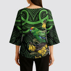 New Zealand Parakeet Bird Kimono Sleeve Blouse Maori Kakariki Kowhai Maori Pattern