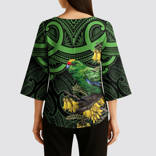 New Zealand Parakeet Bird Kimono Sleeve Blouse Maori Kakariki Kowhai Maori Pattern