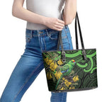 New Zealand Parakeet Bird Leather Tote Bag Maori Kakariki Kowhai Maori Pattern