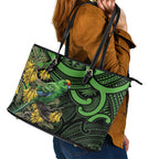 New Zealand Parakeet Bird Leather Tote Bag Maori Kakariki Kowhai Maori Pattern