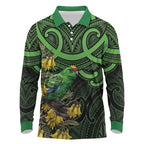 New Zealand Parakeet Bird Long Sleeve Polo Shirt Maori Kakariki Kowhai Maori Pattern