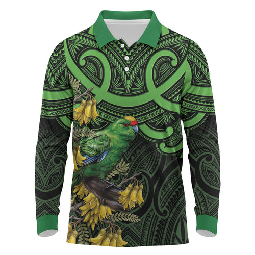New Zealand Parakeet Bird Long Sleeve Polo Shirt Maori Kakariki Kowhai Maori Pattern