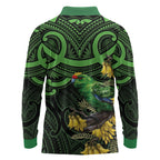 New Zealand Parakeet Bird Long Sleeve Polo Shirt Maori Kakariki Kowhai Maori Pattern