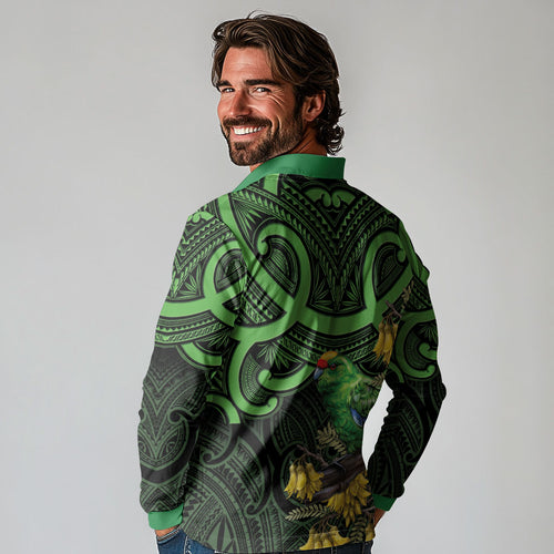 New Zealand Parakeet Bird Long Sleeve Polo Shirt Maori Kakariki Kowhai Maori Pattern