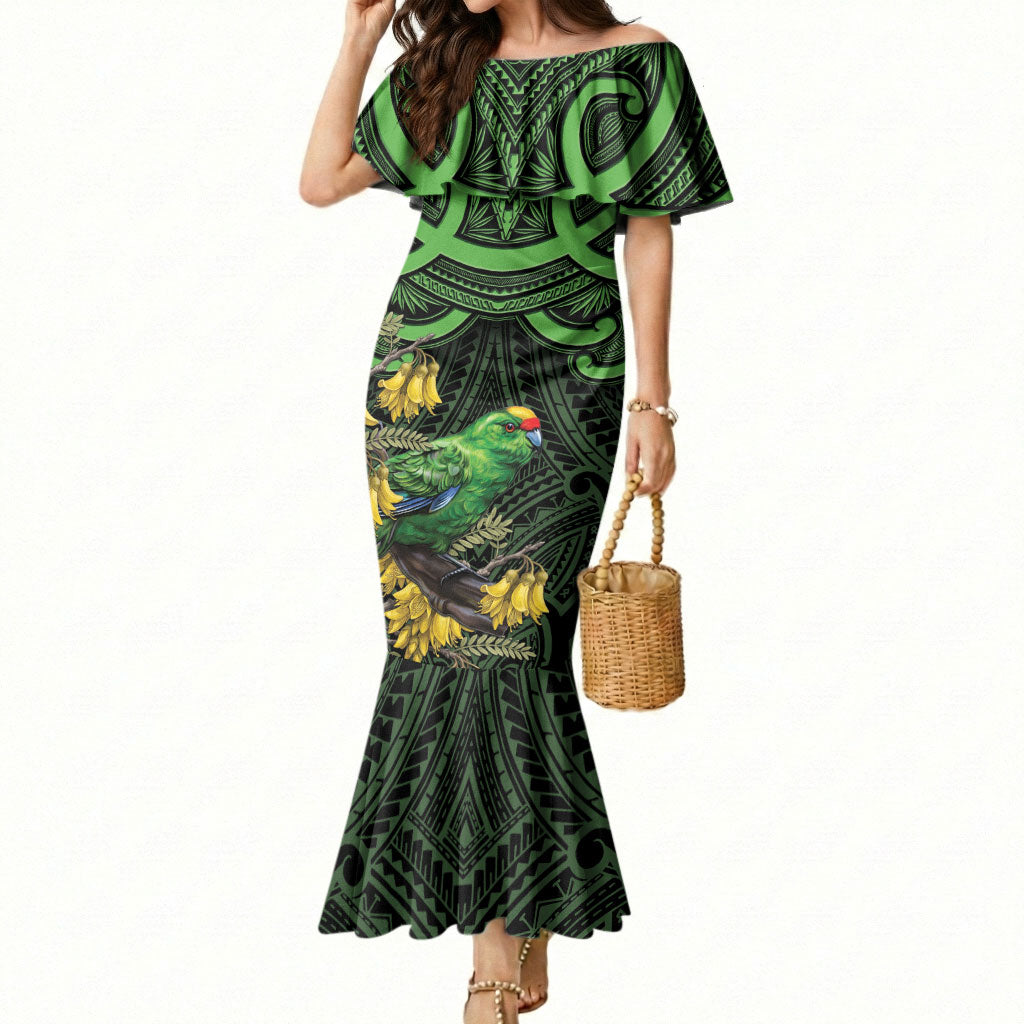New Zealand Parakeet Bird Mermaid Dress Maori Kakariki Kowhai Maori Pattern