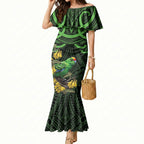 New Zealand Parakeet Bird Mermaid Dress Maori Kakariki Kowhai Maori Pattern