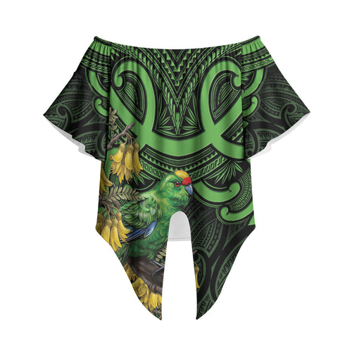 New Zealand Parakeet Bird Off Shoulder Wrap Waist Top Maori Kakariki Kowhai Maori Pattern