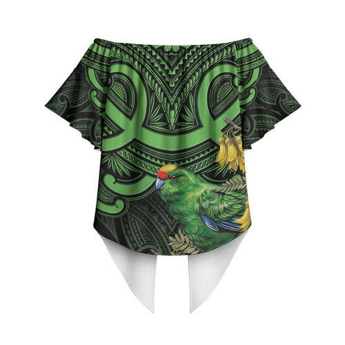 New Zealand Parakeet Bird Off Shoulder Wrap Waist Top Maori Kakariki Kowhai Maori Pattern