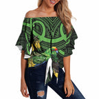 New Zealand Parakeet Bird Off Shoulder Wrap Waist Top Maori Kakariki Kowhai Maori Pattern