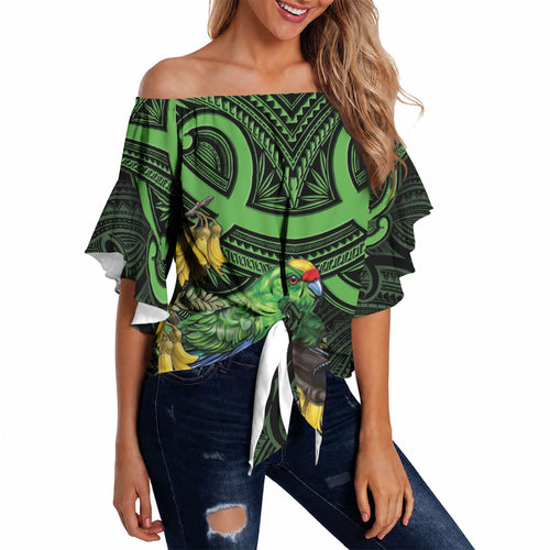 New Zealand Parakeet Bird Off Shoulder Wrap Waist Top Maori Kakariki Kowhai Maori Pattern