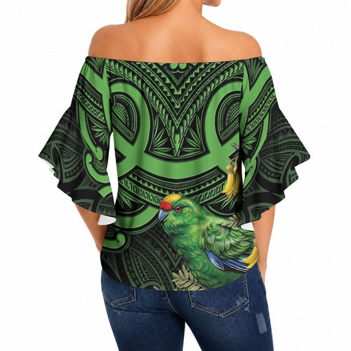 New Zealand Parakeet Bird Off Shoulder Wrap Waist Top Maori Kakariki Kowhai Maori Pattern