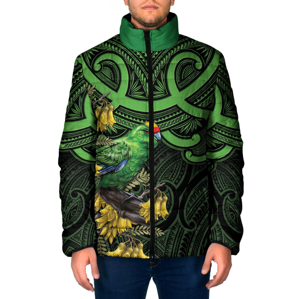 New Zealand Parakeet Bird Padded Jacket Maori Kakariki Kowhai Maori Pattern