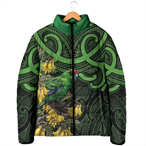 New Zealand Parakeet Bird Padded Jacket Maori Kakariki Kowhai Maori Pattern