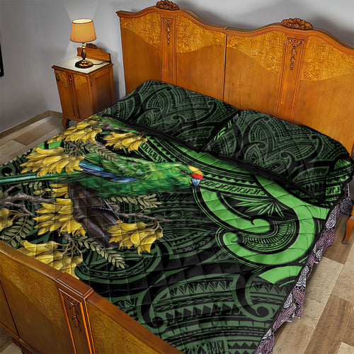 New Zealand Parakeet Bird Quilt Bed Set Maori Kakariki Kowhai Maori Pattern