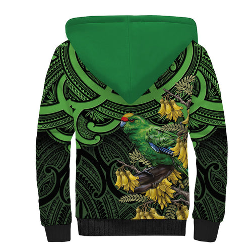 New Zealand Parakeet Bird Sherpa Hoodie Maori Kakariki Kowhai Maori Pattern
