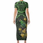 New Zealand Parakeet Bird Short Sleeve Bodycon Dress Maori Kakariki Kowhai Maori Pattern