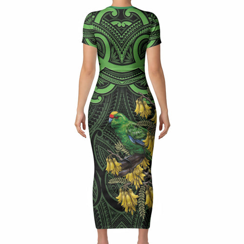New Zealand Parakeet Bird Short Sleeve Bodycon Dress Maori Kakariki Kowhai Maori Pattern