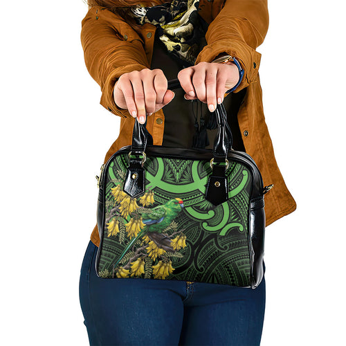 New Zealand Parakeet Bird Shoulder Handbag Maori Kakariki Kowhai Maori Pattern