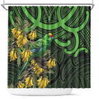 New Zealand Parakeet Bird Shower Curtain Maori Kakariki Kowhai Maori Pattern
