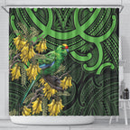 New Zealand Parakeet Bird Shower Curtain Maori Kakariki Kowhai Maori Pattern