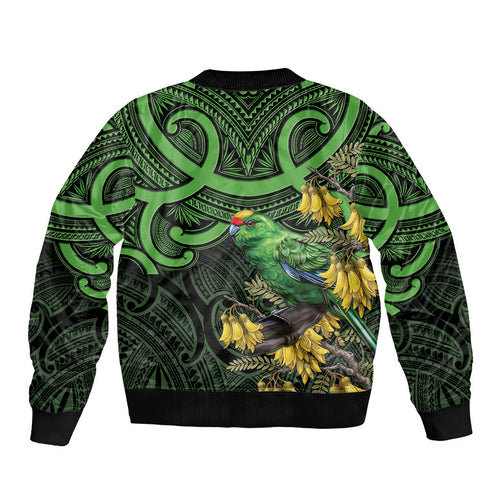 New Zealand Parakeet Bird Sleeve Zip Bomber Jacket Maori Kakariki Kowhai Maori Pattern
