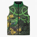 New Zealand Parakeet Bird Sleeveless Puffer Jacket Maori Kakariki Kowhai Maori Pattern