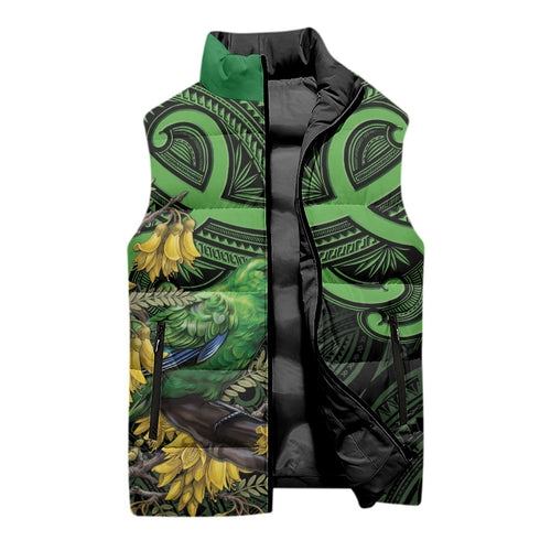 New Zealand Parakeet Bird Sleeveless Puffer Jacket Maori Kakariki Kowhai Maori Pattern