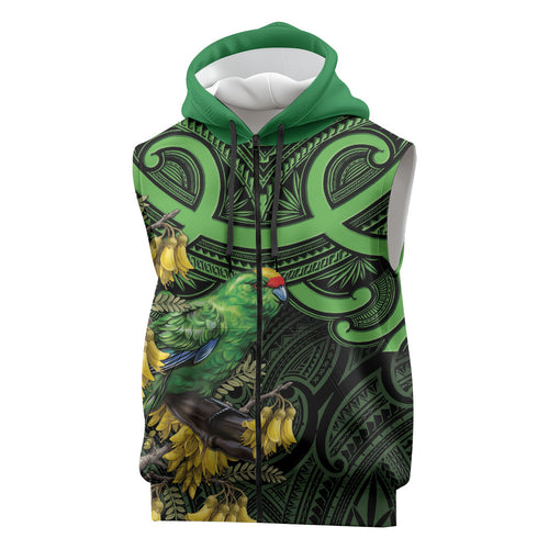 New Zealand Parakeet Bird Sleeveless Zip Hoodie Maori Kakariki Kowhai Maori Pattern