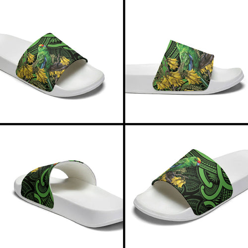 New Zealand Parakeet Bird Slide Sandals Maori Kakariki Kowhai Maori Pattern