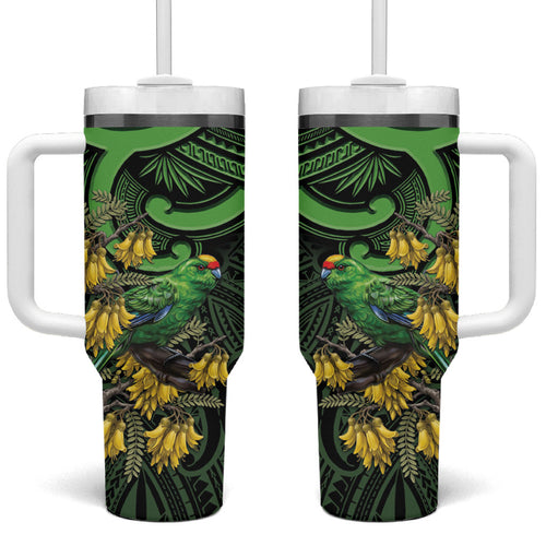 New Zealand Parakeet Bird Tumbler With Handle Maori Kakariki Kowhai Maori Pattern