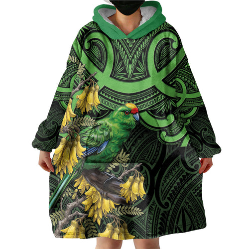 New Zealand Parakeet Bird Wearable Blanket Hoodie Maori Kakariki Kowhai Maori Pattern