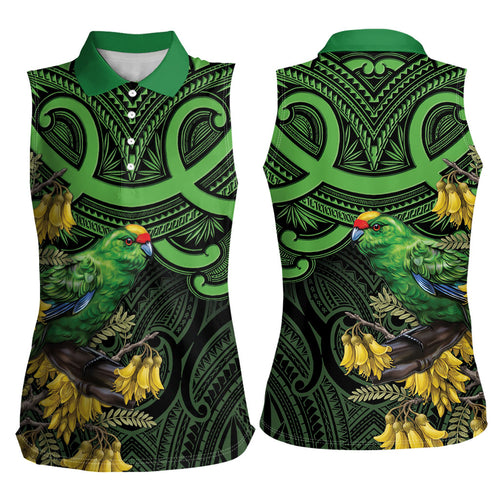 New Zealand Parakeet Bird Women Sleeveless Polo Shirt Maori Kakariki Kowhai Maori Pattern