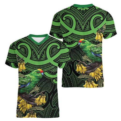 New Zealand Parakeet Bird Women V-Neck T-Shirt Maori Kakariki Kowhai Maori Pattern