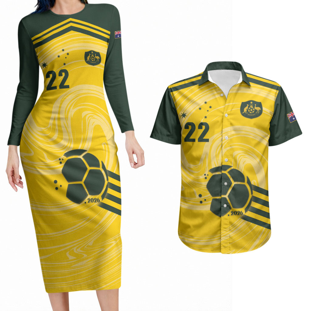 Australia Socceroos 2026 Custom Couples Matching Long Sleeve Bodycon Dress and Hawaiian Shirt Golden Sporty Style