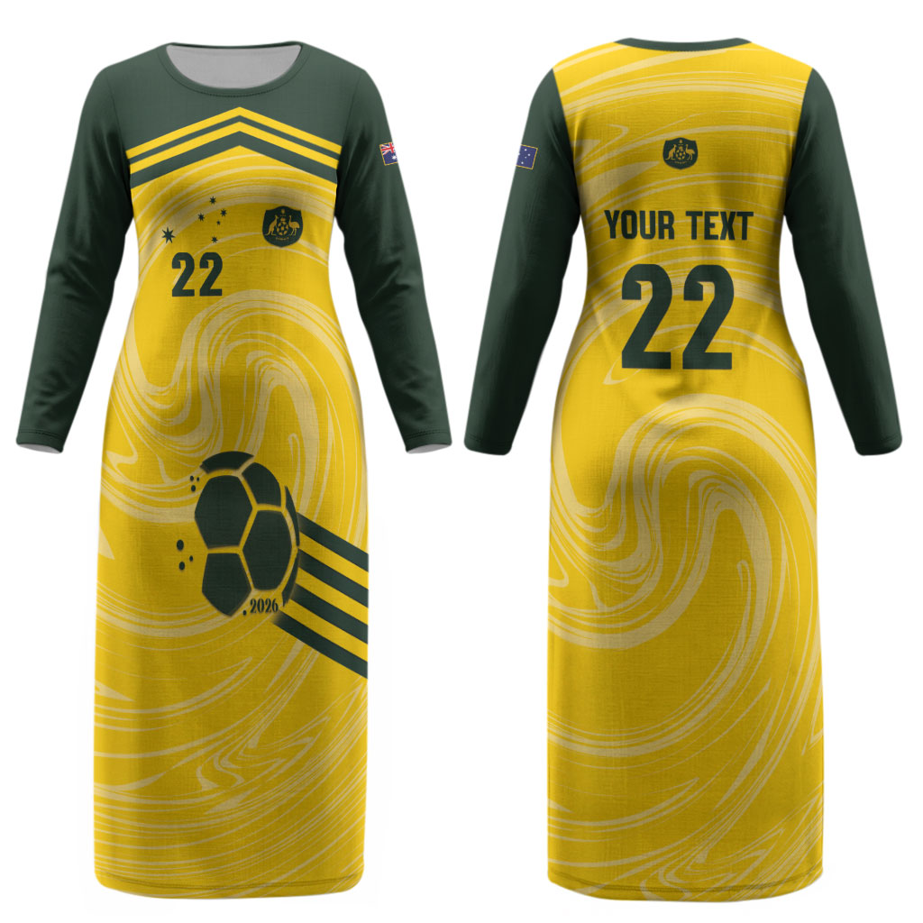 Australia Socceroos 2026 Custom Couples Matching Long Sleeve Bodycon Dress and Hawaiian Shirt Golden Sporty Style