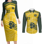 Australia Socceroos 2026 Custom Couples Matching Long Sleeve Bodycon Dress and Long Sleeve Button Shirt Golden Sporty Style