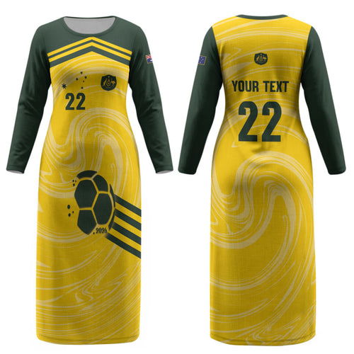 Australia Socceroos 2026 Custom Couples Matching Long Sleeve Bodycon Dress and Long Sleeve Button Shirt Golden Sporty Style
