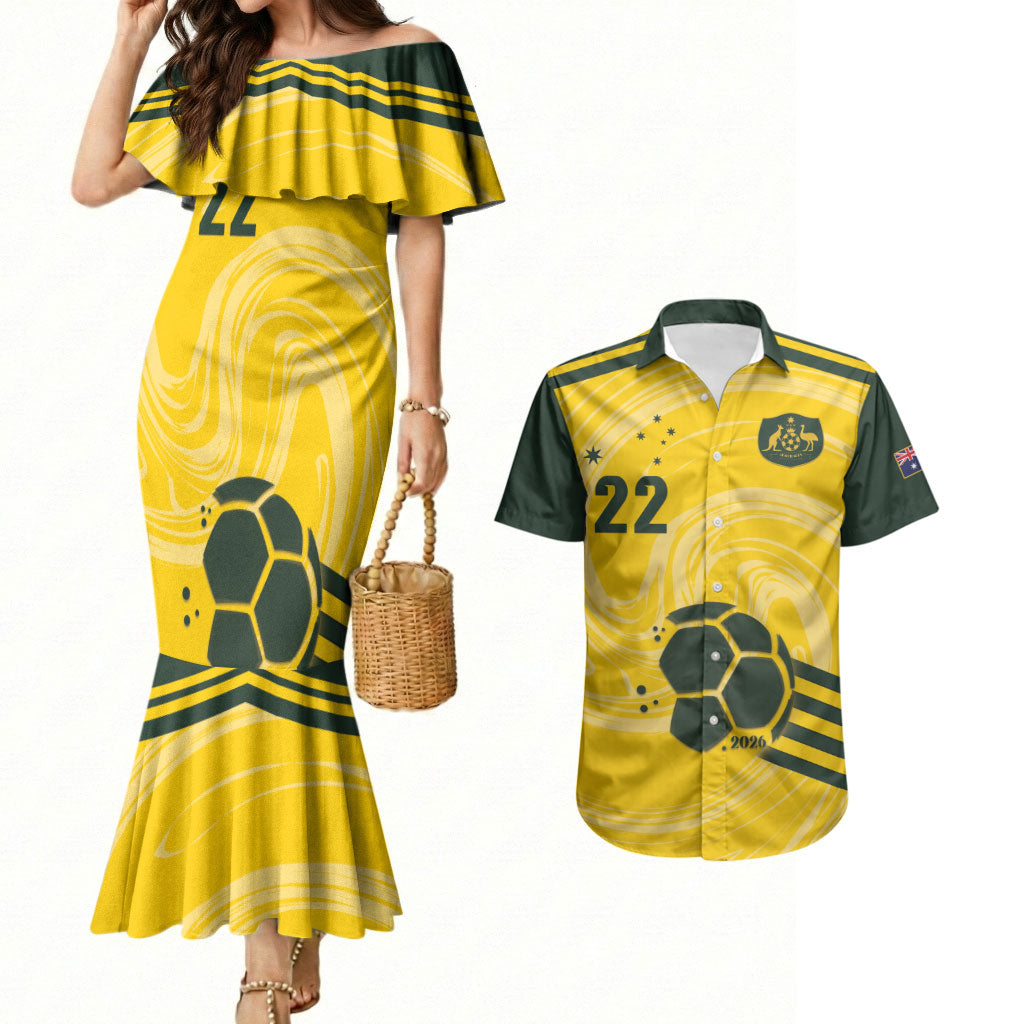Australia Socceroos 2026 Custom Couples Matching Mermaid Dress and Hawaiian Shirt Golden Sporty Style