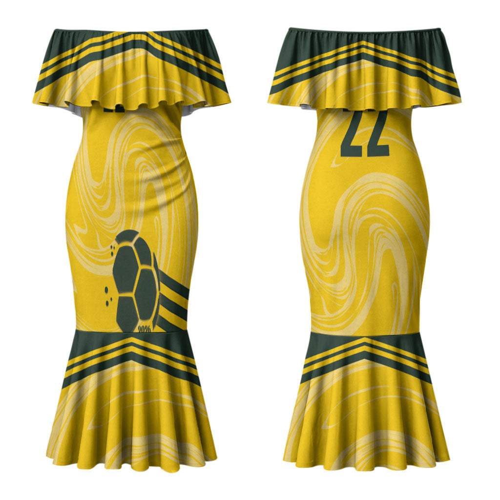 Australia Socceroos 2026 Custom Couples Matching Mermaid Dress and Long Sleeve Button Shirt Golden Sporty Style