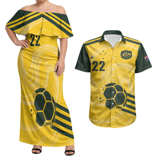 Australia Socceroos 2026 Custom Couples Matching Off Shoulder Maxi Dress and Hawaiian Shirt Golden Sporty Style