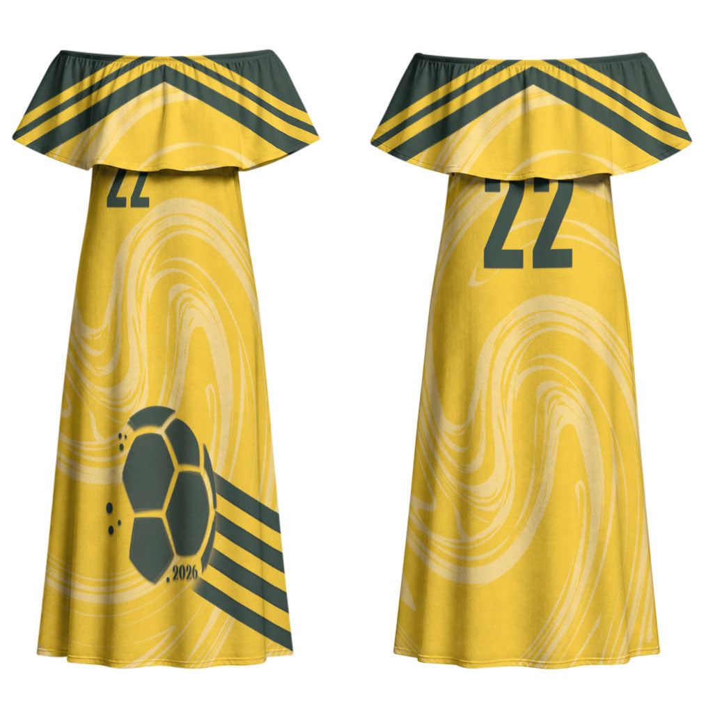 Australia Socceroos 2026 Custom Couples Matching Off Shoulder Maxi Dress and Long Sleeve Button Shirt Golden Sporty Style