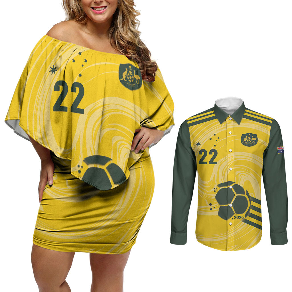 Australia Socceroos 2026 Custom Couples Matching Off Shoulder Short Dress and Long Sleeve Button Shirt Golden Sporty Style