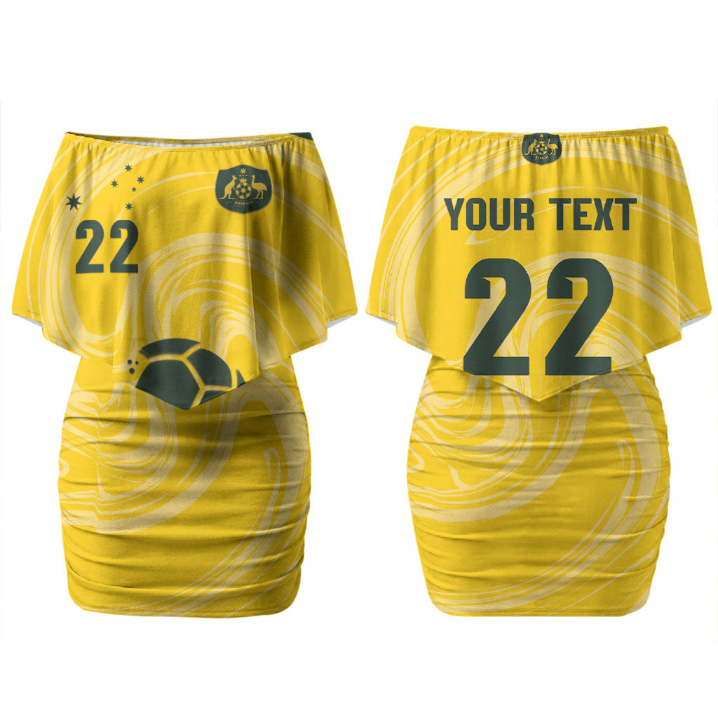 Australia Socceroos 2026 Custom Couples Matching Off Shoulder Short Dress and Long Sleeve Button Shirt Golden Sporty Style