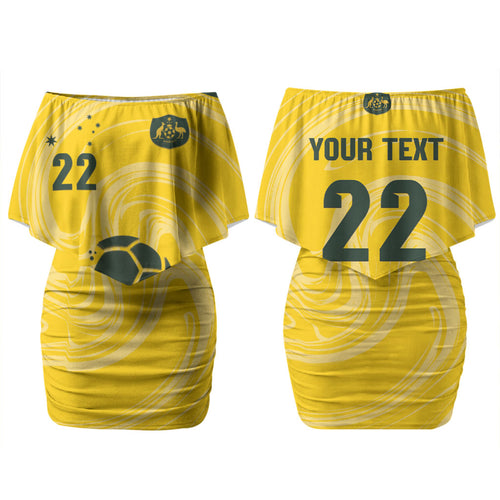 Australia Socceroos 2026 Custom Couples Matching Off Shoulder Short Dress and Long Sleeve Button Shirt Golden Sporty Style