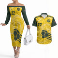 Australia Socceroos 2026 Custom Couples Matching Off The Shoulder Long Sleeve Dress and Hawaiian Shirt Golden Sporty Style