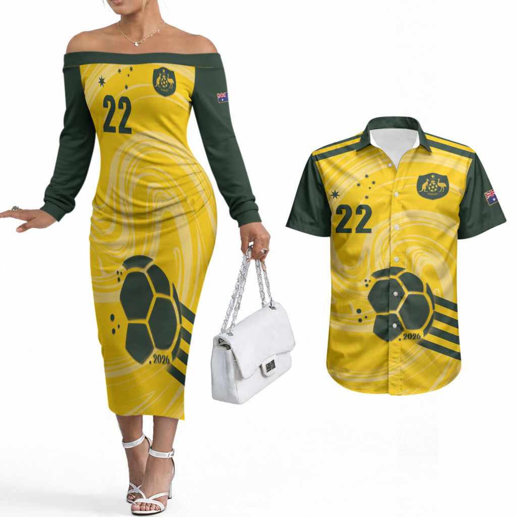Australia Socceroos 2026 Custom Couples Matching Off The Shoulder Long Sleeve Dress and Hawaiian Shirt Golden Sporty Style